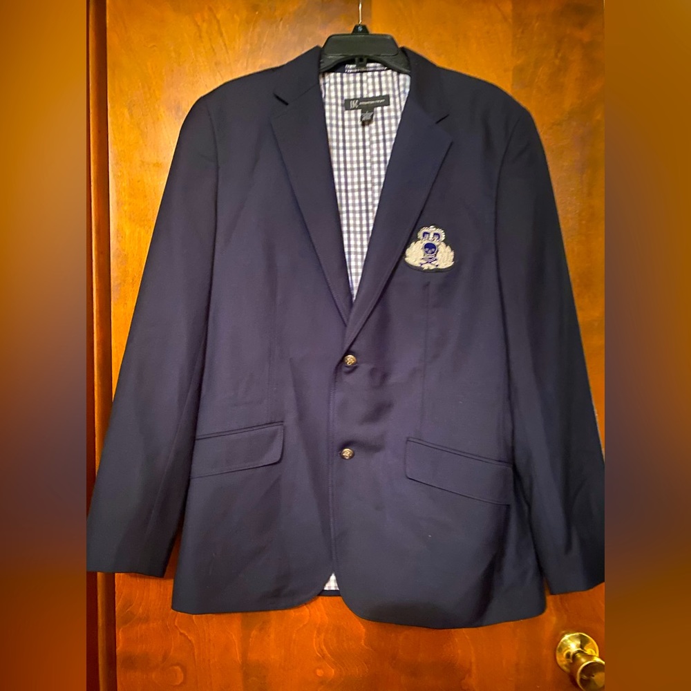 INC International Concepts Midnight Blue Blazer with Detailed Skull Crest
